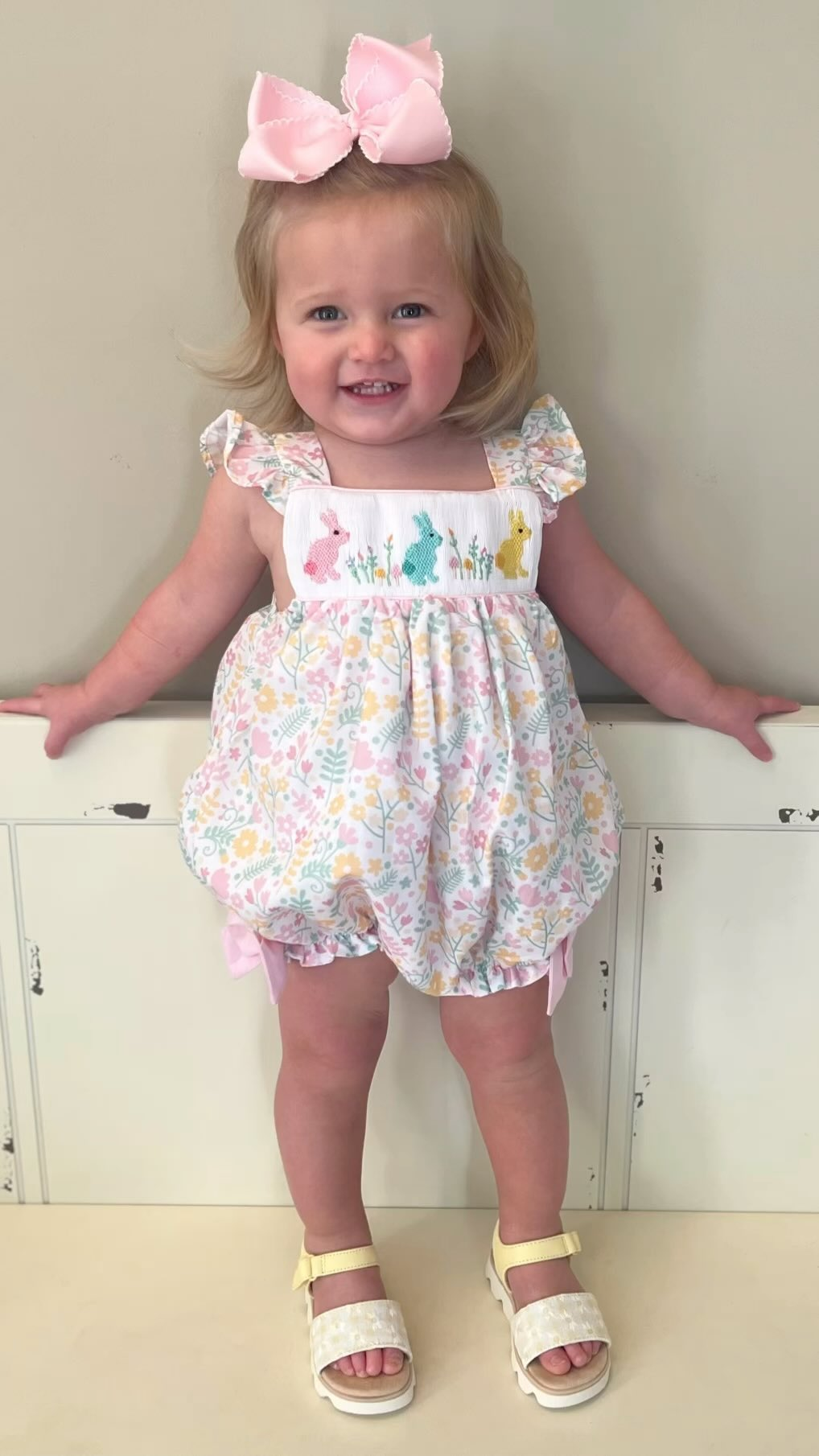 preorder SR2501 Easter bunny rabbit pink flowers flutter sleeve girls romper