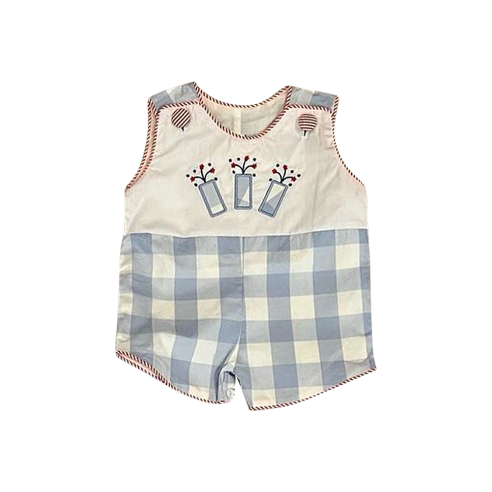 preorder SR2503 July 4th fireworks blue checkered sleeveless boys romper