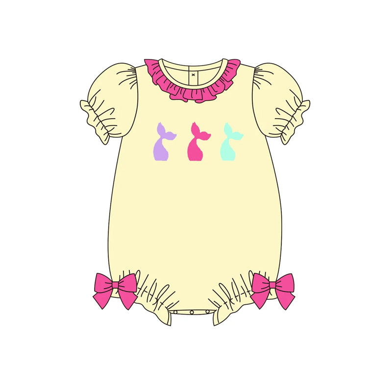 preorder SR2506 cartoon mermaild yellow short sleeve hot pink bows girls romper