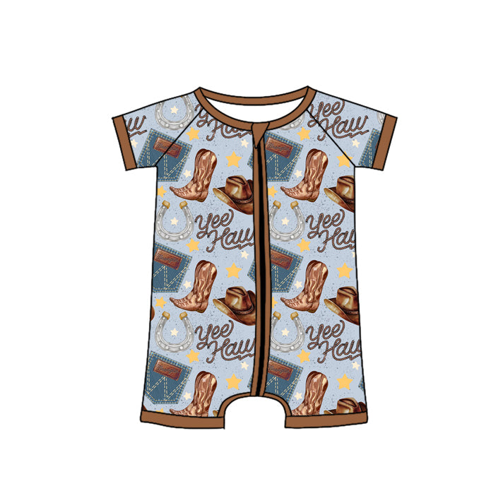 preorder SR2518 Western hat boot blue zipper short sleeve boys romper