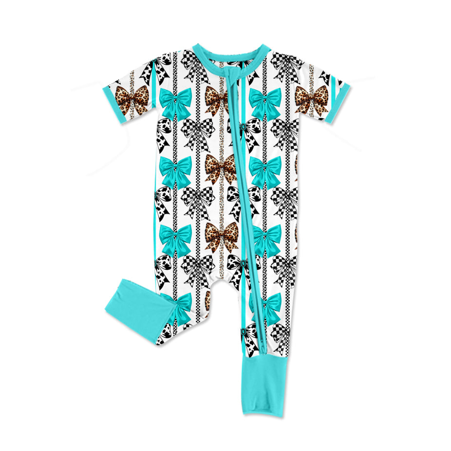 preorder SR2519 Western bows howdy bright blue zipper short sleeve girls romper