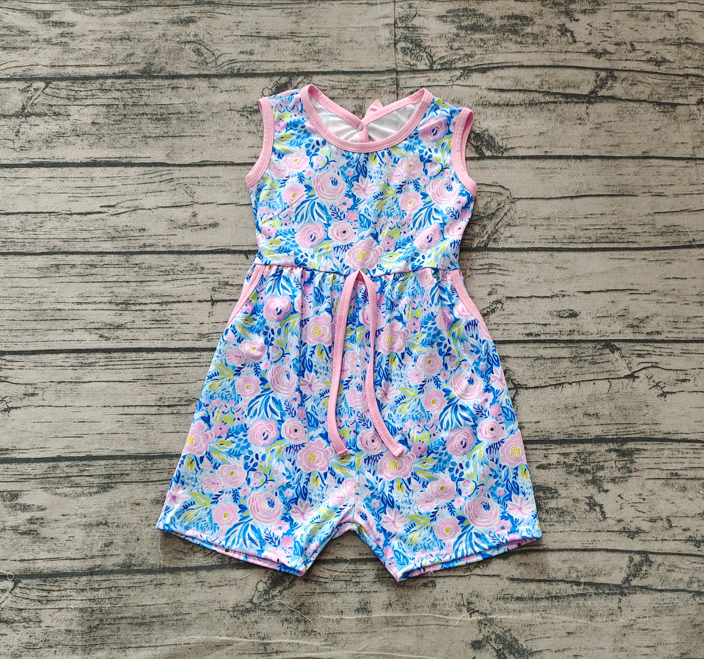 preorder SR2521 pink flowers with bow sleeveless girls jumpsuits