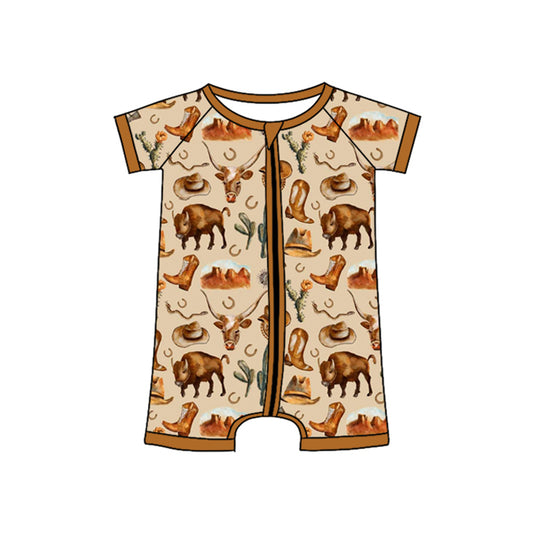 preorder SR2528 baby boy Western cow cactus boot brown short sleeve zipper boys romper