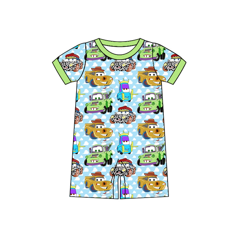 preorder SR2529 baby boy cartoon car green blue short sleeve romper