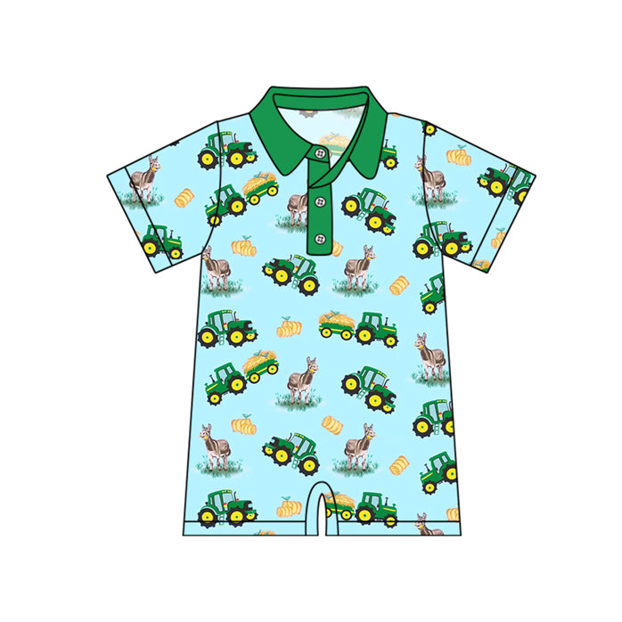 preorder SR2532 Farm tractor donkey green short sleeve boys romper