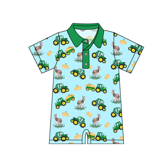 preorder SR2532 Farm tractor donkey green short sleeve boys romper