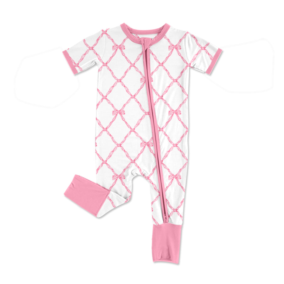 preorder SR2535 pink bows zipper short sleeve girls romper