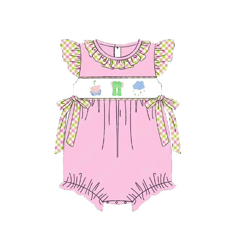 preorder SR2541 baby girl umbrella rain boots pink checkered flutter sleeve romper