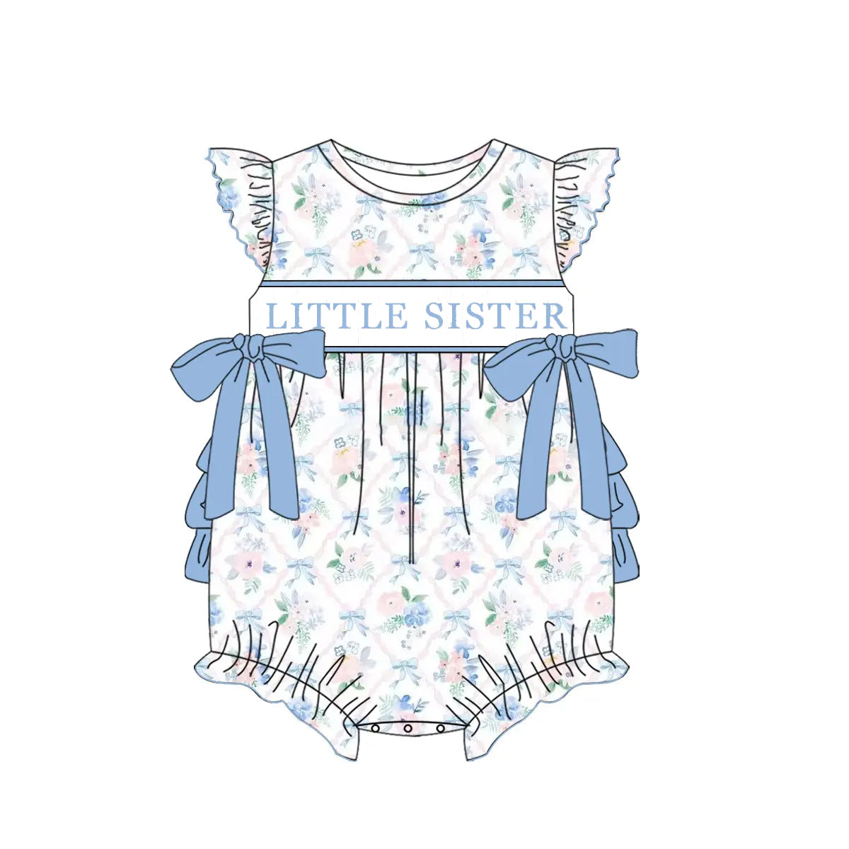 preorder SR2542 little sister blue flowers bows flutter sleeve girls romper