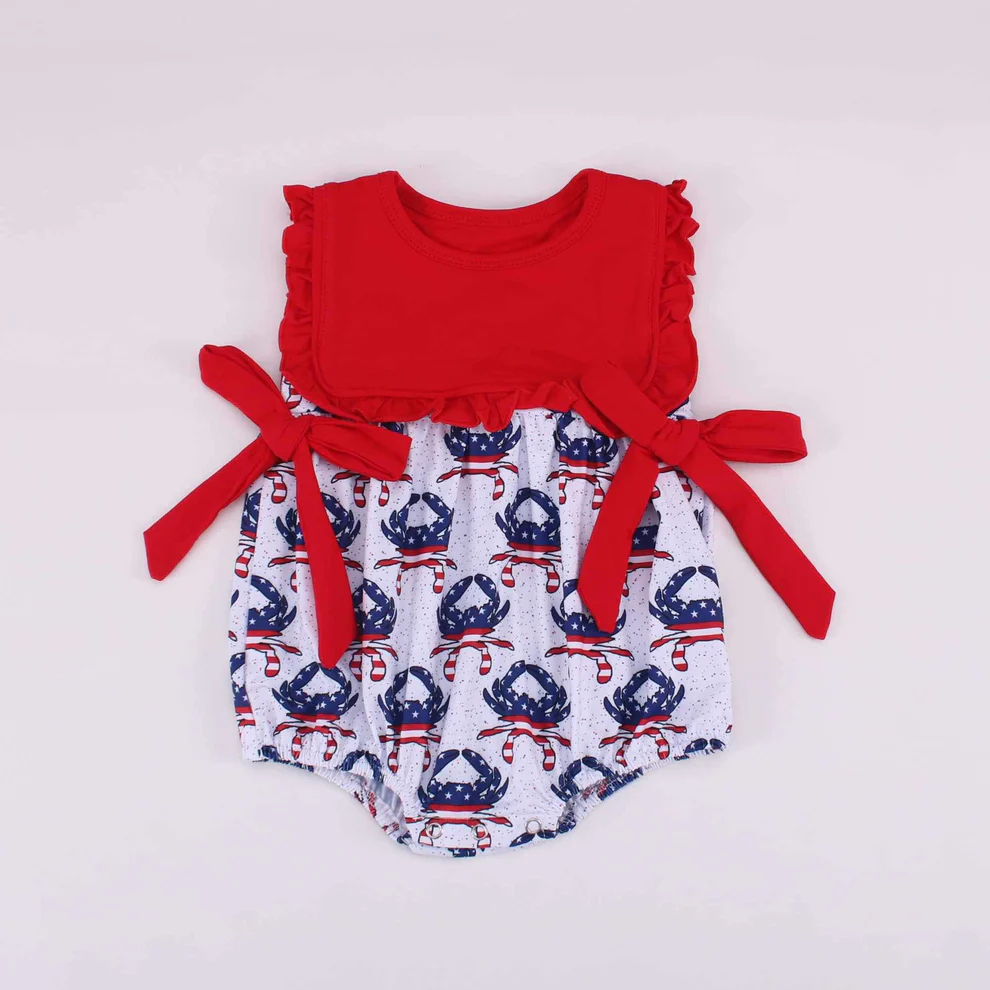 preorder SR2550 July 4th flag crab red bows girls romper
