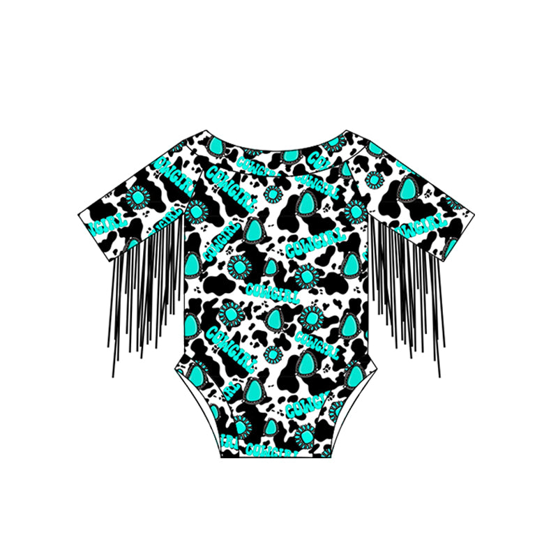 preorder SR2551 Western cowgirl turquoise cow printing tassels girls romper