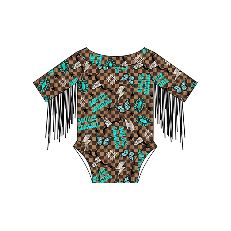 preorder SR2554 Western cowgirl turquoise Aztec checkered tassels girls romper
