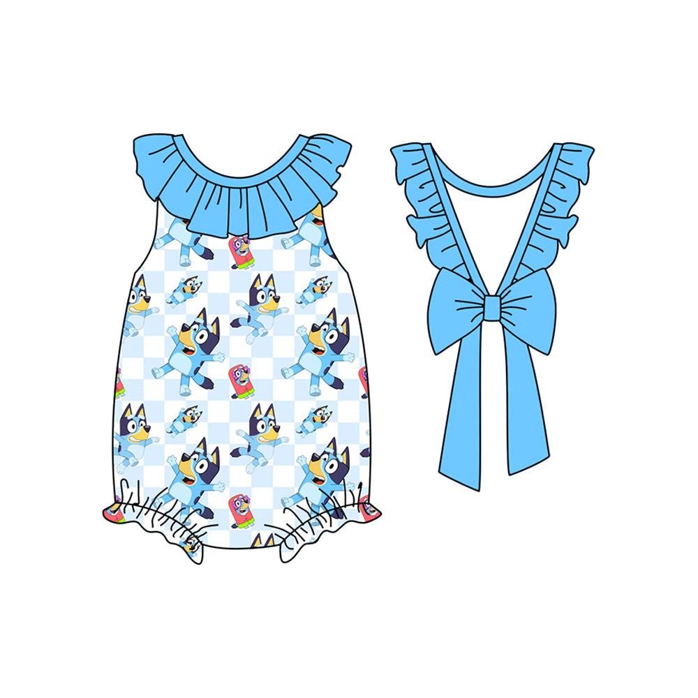 preorder SR2556 cartoon blue dog blue ruffles flutter sleeve with bow girls romper