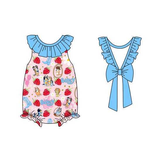 preorder SR2568 cartoon blue dog strawberry with blue bow girls romper