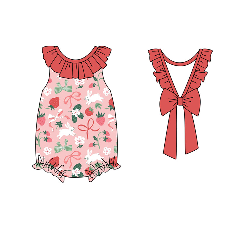 preorder SR2582 Rabbit Strawberry Flower With Bow Red Girls Romper