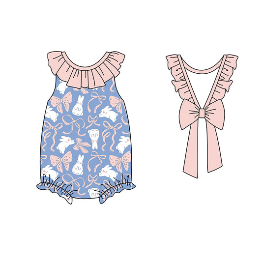 preorder SR2583 Rabbit Pink Bows Blue With Bow Girls Romper