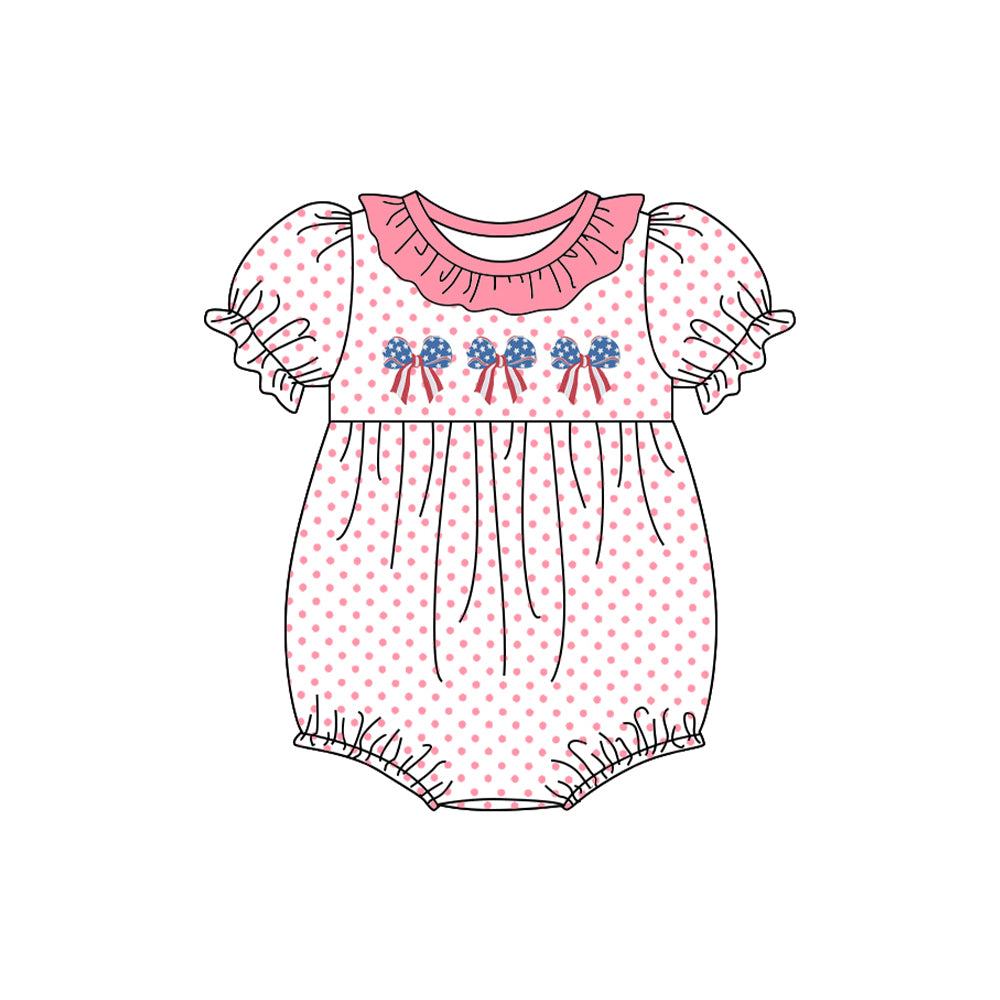 preorder SR2586 July 4th Flag Bows Pink Dot Short Sleeve Girls Romper