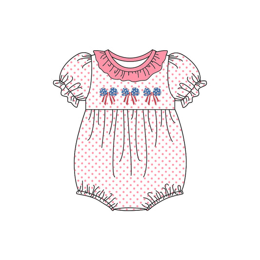 preorder SR2586 July 4th Flag Bows Pink Dot Short Sleeve Girls Romper