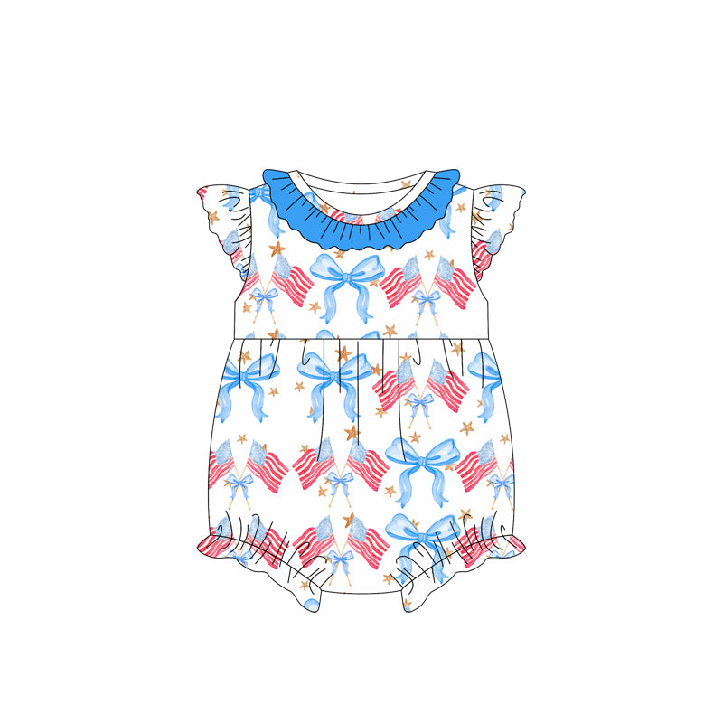 preorder SR2587 July 4th Flag Bows Blue Bows Flutter Sleeve Girls Romper