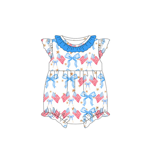 preorder SR2587 July 4th Flag Bows Blue Bows Flutter Sleeve Girls Romper