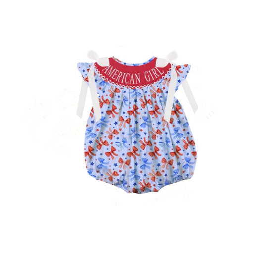 preorder SR2589 July 4th American Girl Red Blue Bows Flutter Sleeve Girls Romper