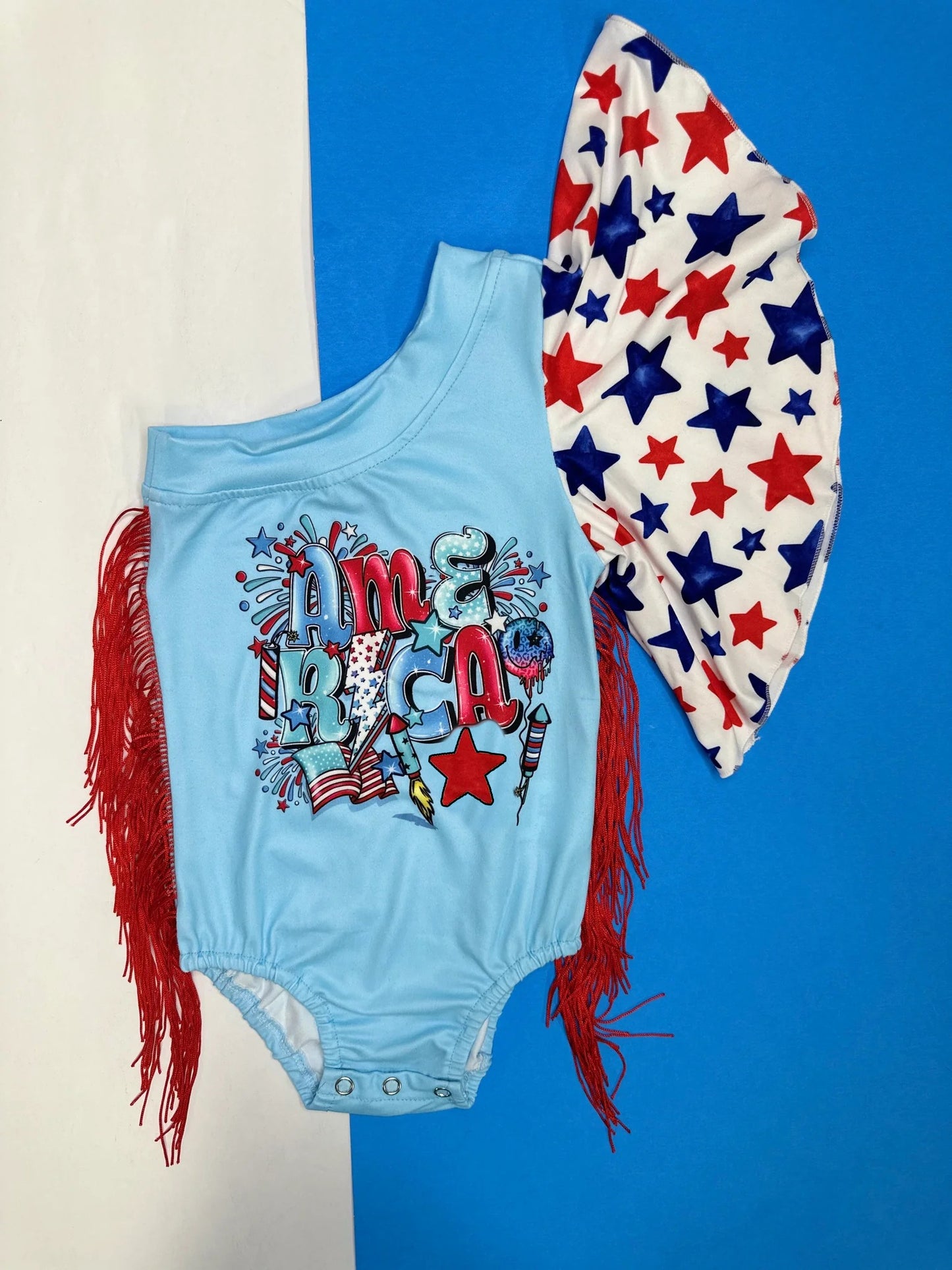 preorder SR2590 July 4th America Star Blue One-sleeve Tassels Girls Romper