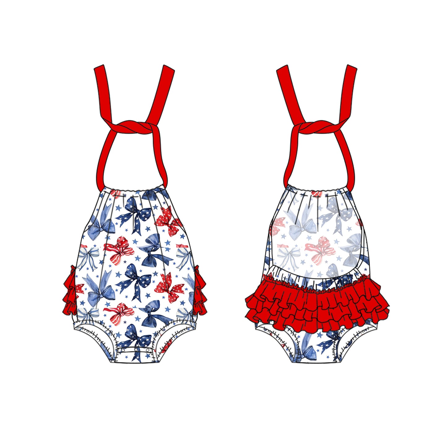preorder SR2591 July 4th Red Blue Bows Straps Ruffles Girls Romper