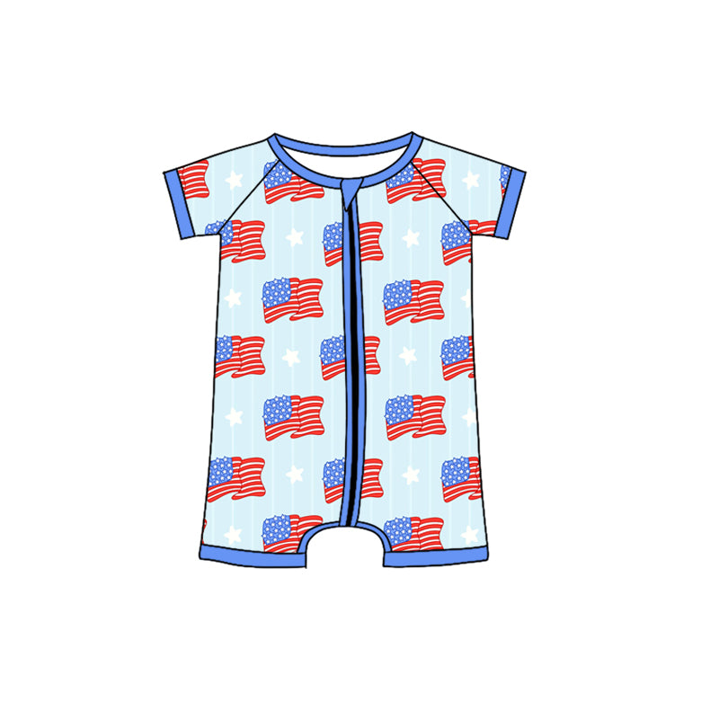 preorder SR2592 July 4th Flag Blue Short Sleeve Zipper Boys Romper