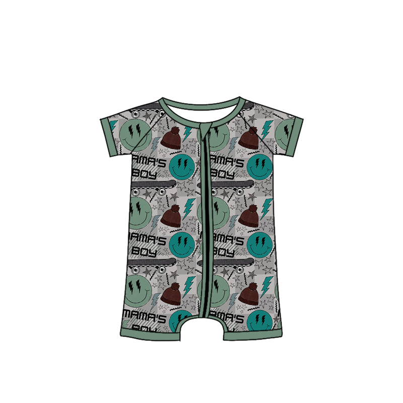 preorder SR2596 Mama's Boy Smile Green Short Sleeve Zipper Boys Romper