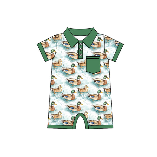 preorder SR2603 Hunting Mallard Duck Green Pocket Short Sleeve Boys Romper