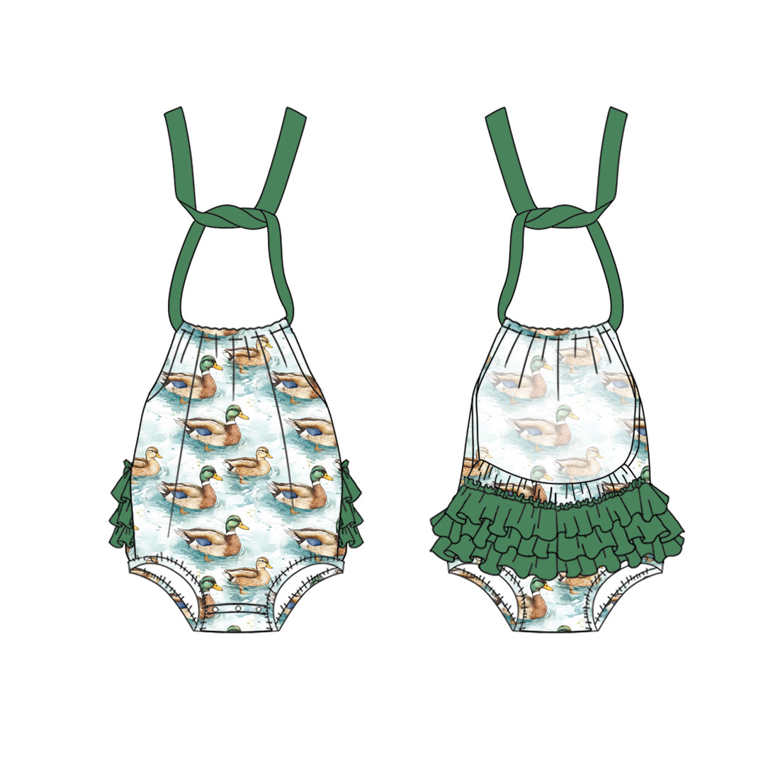 preorder SR2604 Hunting Mallard Duck Green Ruffles Straps Girls Romper