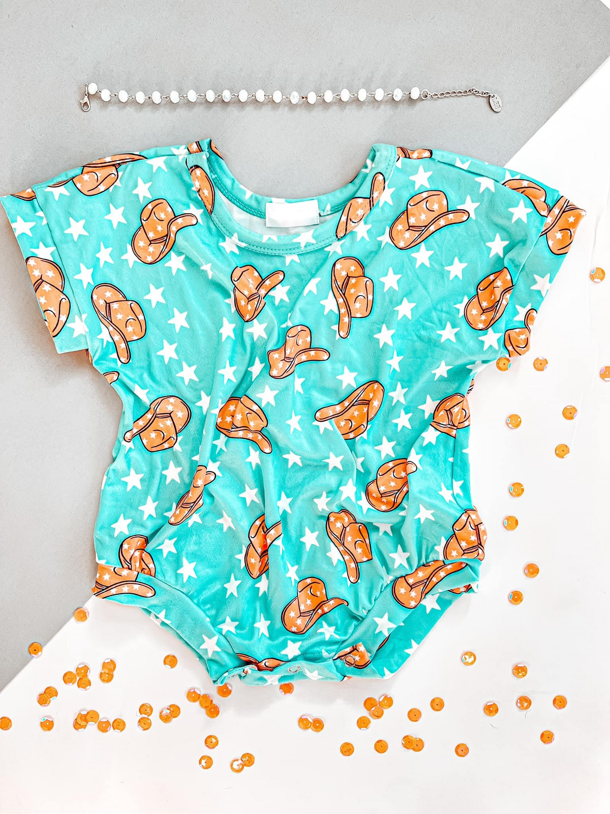 preorder SR2609 Western Hat Star Green Short Sleeve Girls Romper