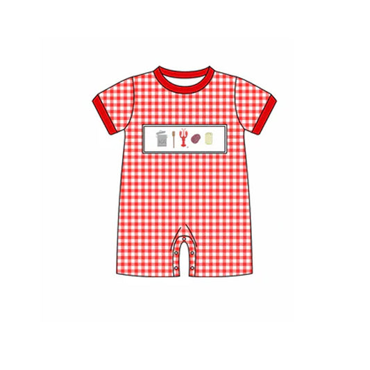 preorder SR2611 Crayfish Corn Red Checkered Short Sleeve Boys Romper