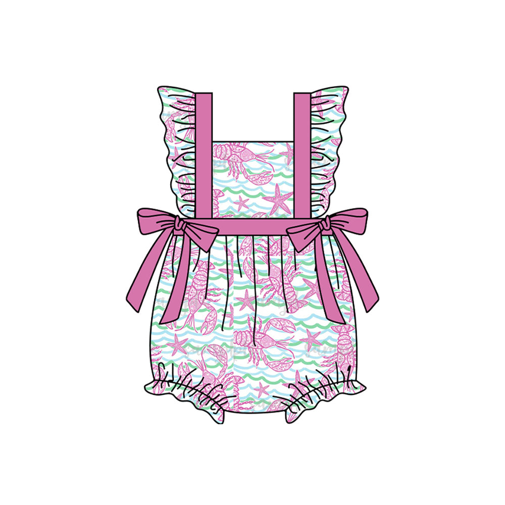 preorder SR2615 Hot Pink Crayfish Bows Flutter Sleeve Girls Romper