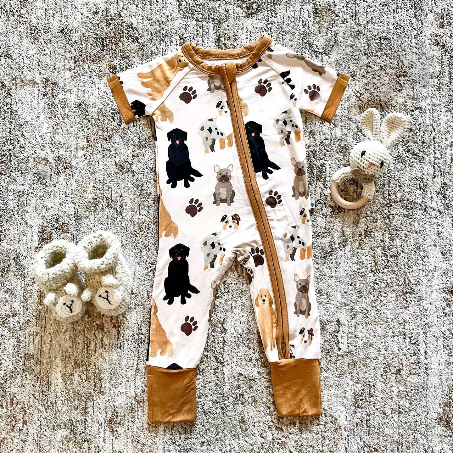preorder SR2617 Cute Dogs Pet Brown Short Sleeve Zipper Boys Romper