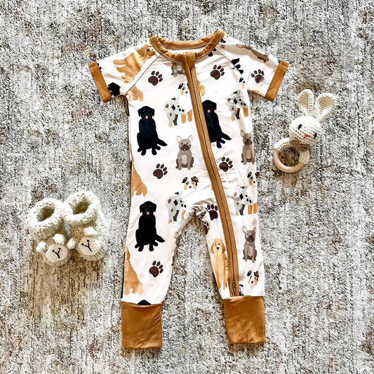 preorder SR2617 Cute Dogs Pet Brown Short Sleeve Zipper Boys Romper
