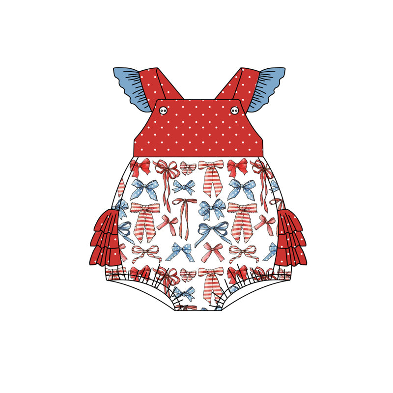 preorder SR2618 July 4th Red Blue Bows Flutter Sleeve Girls Ruffles Romper