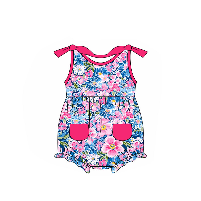 preorder SR2623 Colorful Flowers Bows Hot Pink Pockets Girls Romper
