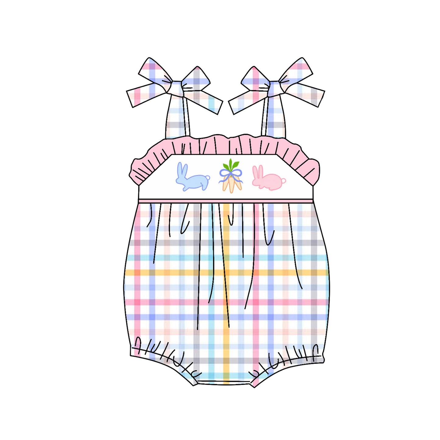 preorder SR2625 Easter Bunny Rabbit Carrot Colorful Checkered Straps Girls Romper