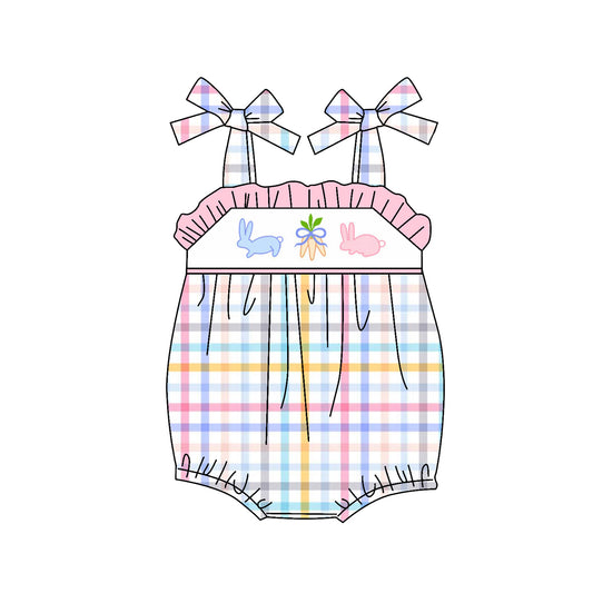 preorder SR2625 Easter Bunny Rabbit Carrot Colorful Checkered Straps Girls Romper