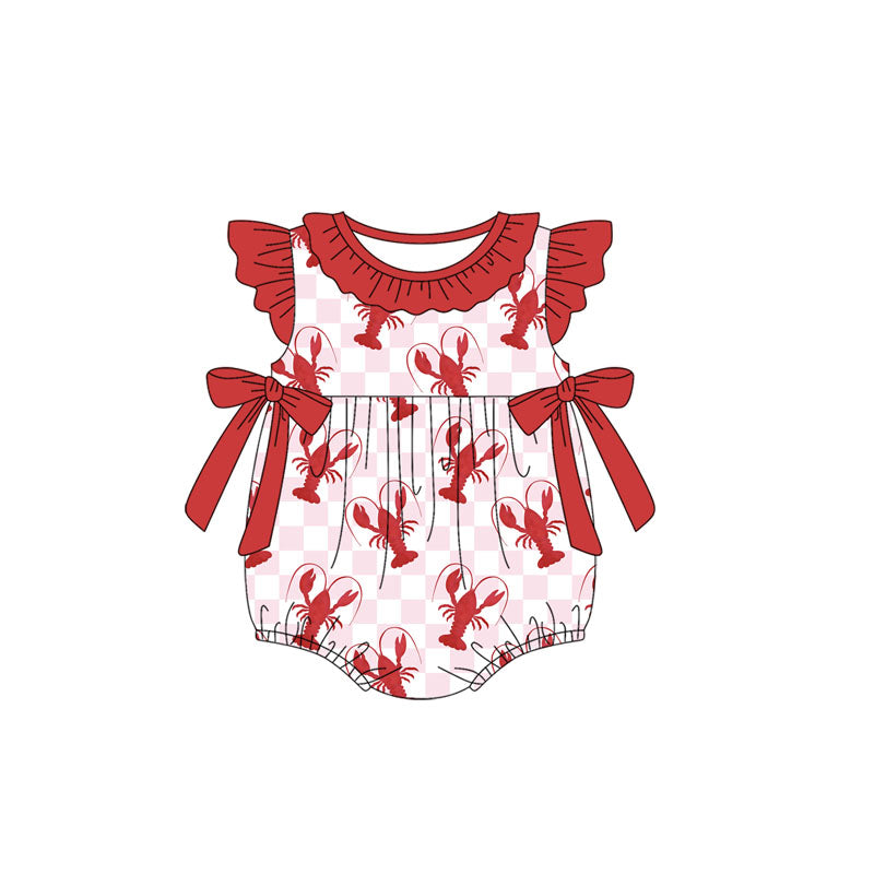 preorder SR2626 Red Crayfish Bows Pink Checkered Flutter Sleeve Girls Romper