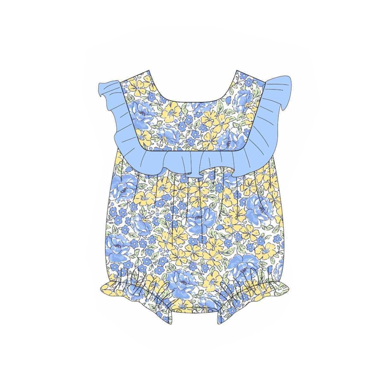 preorder SR2628 Blue Yellow Flowers Flutter Sleeve Girls Romper