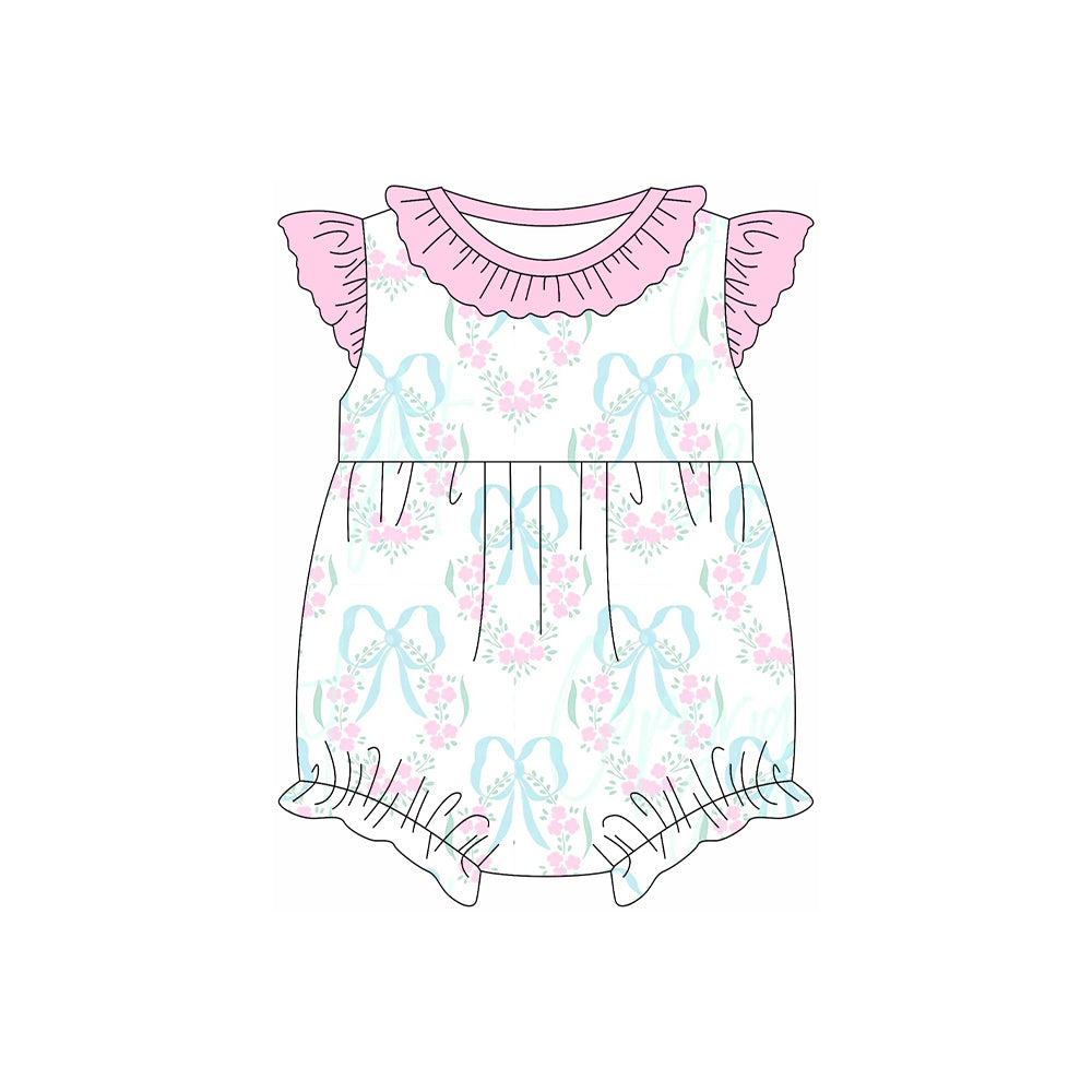 preorder SR2629 Pink Flowers Blue Bows Pink Flutter Sleeve Girls Romper