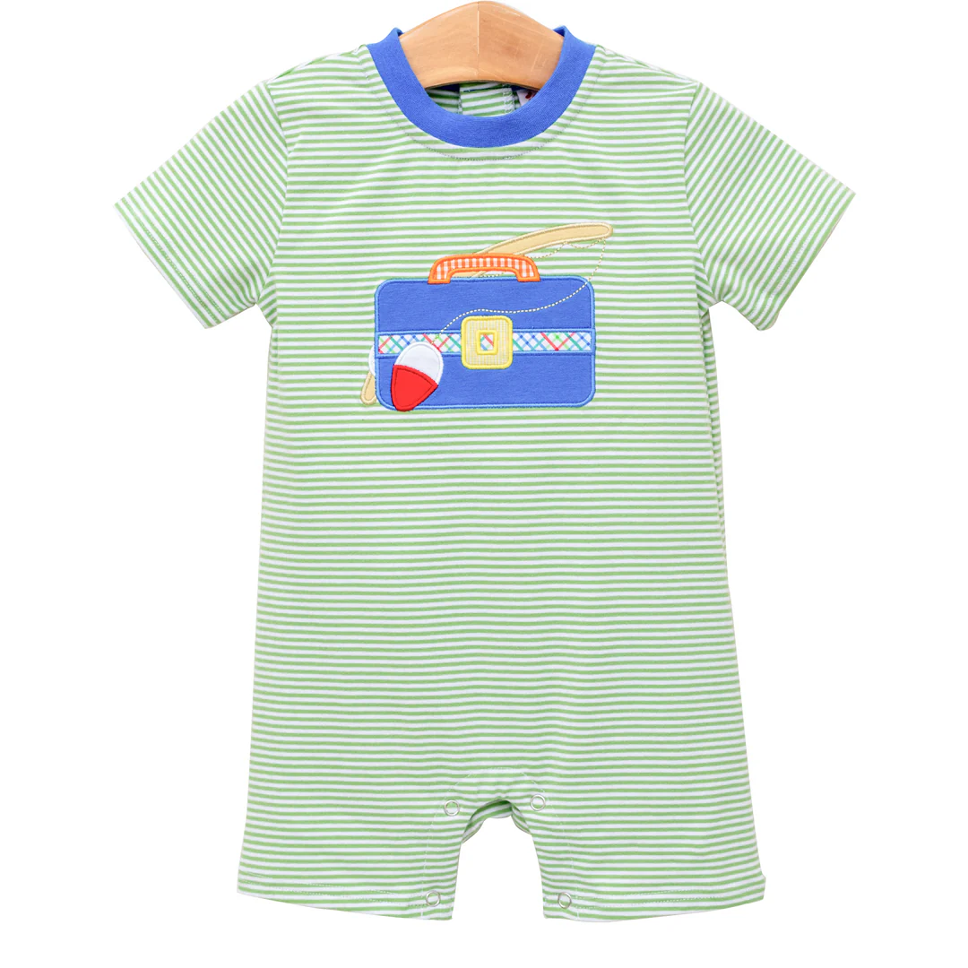 preorder SR2632 Hunting Fishing Green Striped Short Sleeve Baby Boy Romper