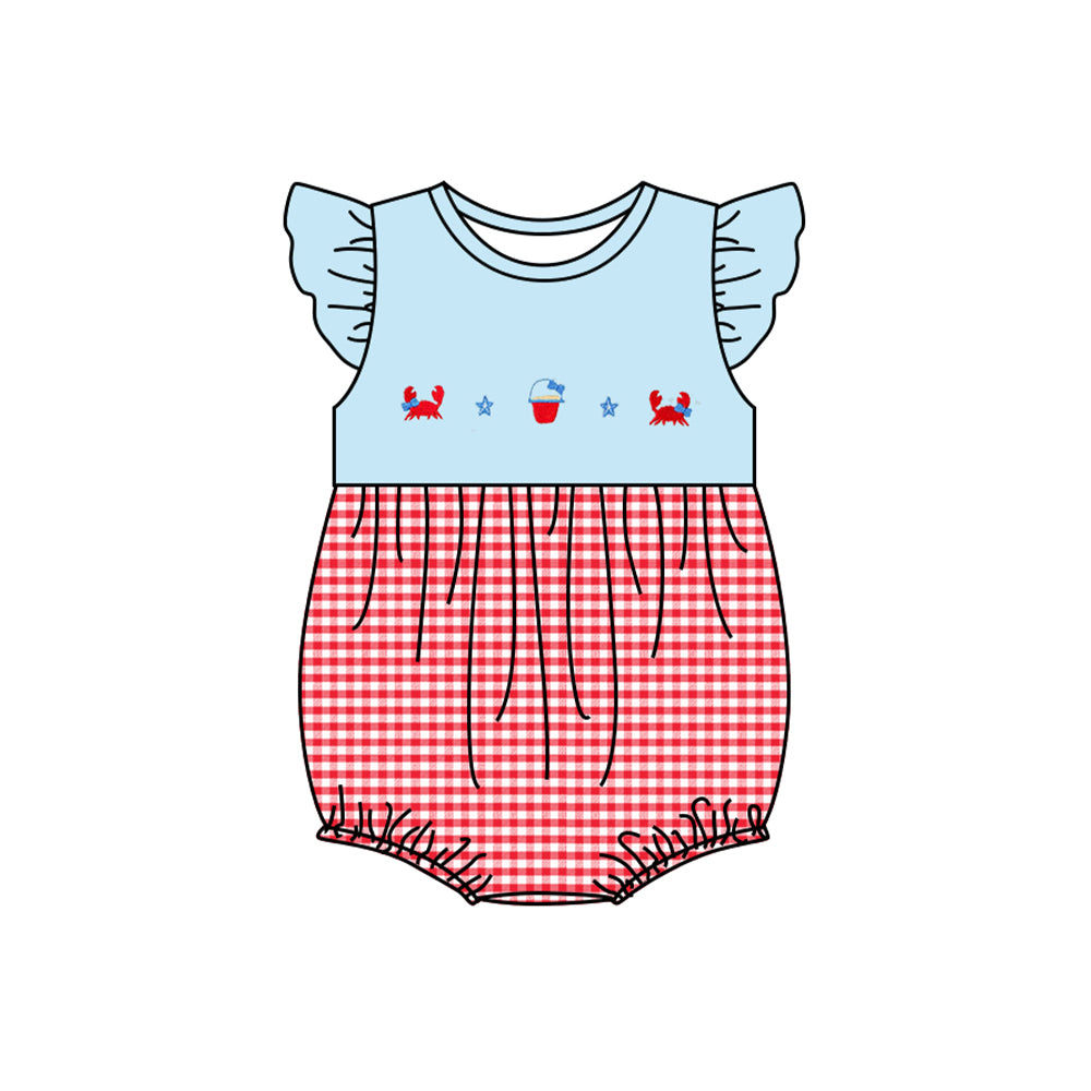 preorder SR2634 Beach Crab Starfish Blue Flutter Sleeve Red Checkered Baby Girl Romper