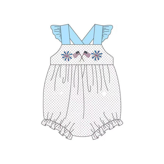preorder SR2639 July 4th Flag Fireworks Dot Blue Flutter Sleeve Girls Romper