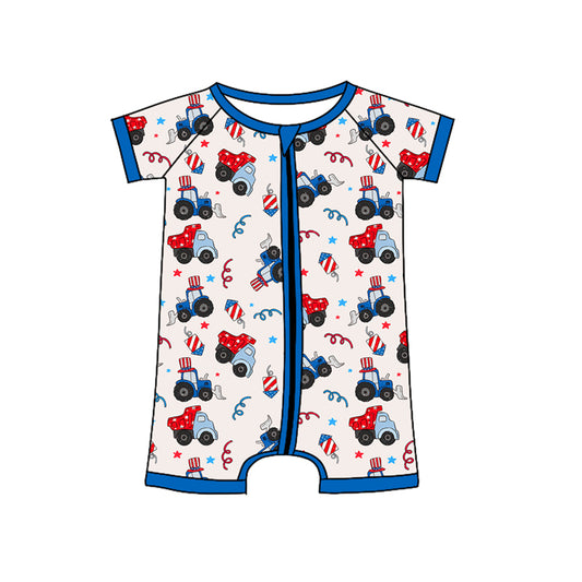 preorder SR2642 July 4th Construction Truck Blue Short Sleeve Zipper Boys Romper