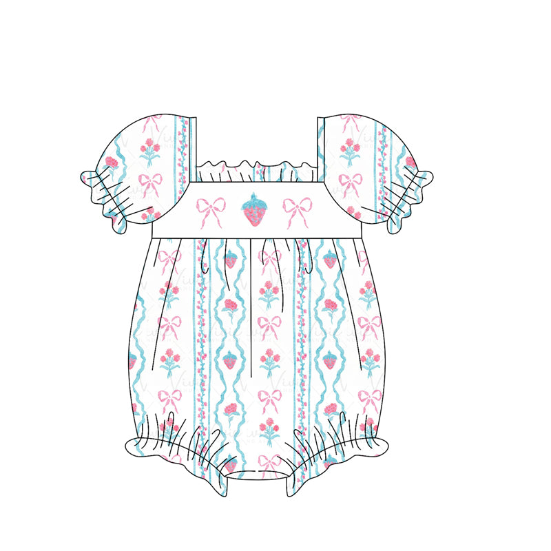 preorder SR2645 pink bows strawberry blue striped short sleeve girls romper