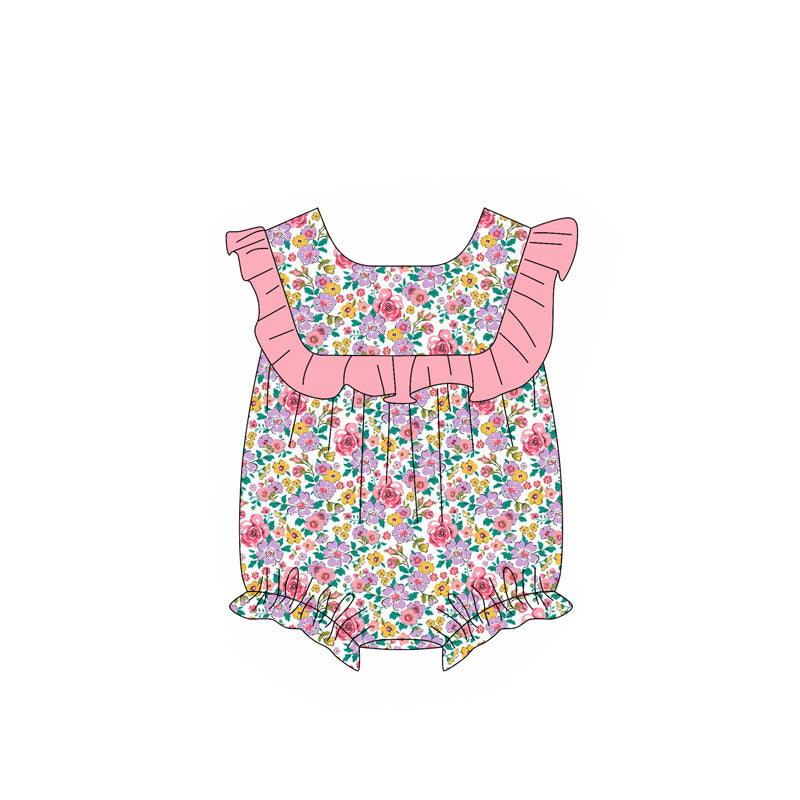 preorder SR2649 colorful flowers pink ruffles flutter sleeve girls floral romper