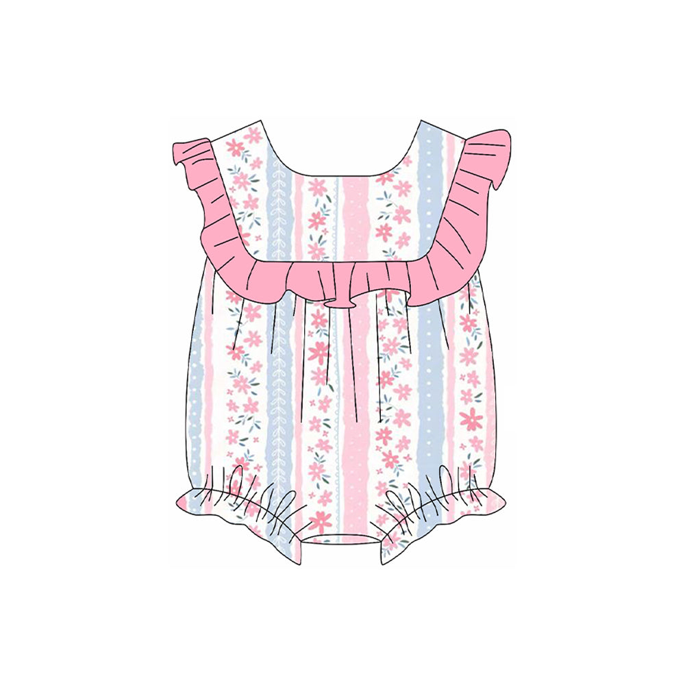 preorder SR2654 pink flowers pink blue striped ruffles sleeve girls romper